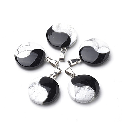 Mixed Stone Flat Round Black Stone & Howlite Pendants, with Platinum Tone Brass Findings, 29.5x25x8.5mm, Hole: 3x9mm