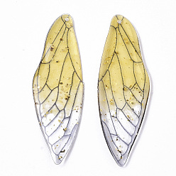Yellow Transparent Epoxy Resin Big Pendants, with Gold Foil, Insects Wing, Yellow, 51x16.5x1~2.5mm, Hole: 1.2mm