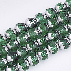 Green Electroplate Glass Beads Strands, Half Silver Plated, Faceted, Round, Green, 8~8.5x7~8mm, Hole: 1mm, about 40pcs/strand, 11.8 inch