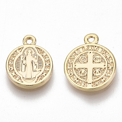 Real 18K Gold Plated Brass Charms, for Religion, Nickel Free, Flat Round with Saint Benedict Medal, Real 18K Gold Plated, 13x10.5x1.5mm, Hole: 1mm