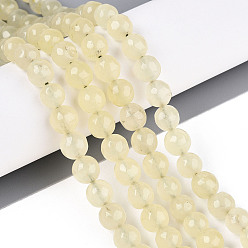 Mousseline au Citron Teints naturels blanches perles de jade brins, ronde, facette, mousseline de citron, 8mm, Trou: 0.9mm, Environ 49~50 pcs/chapelet, 37~38 cm
