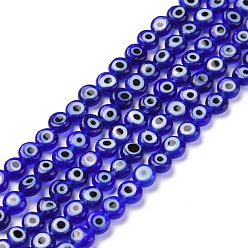 Deep Sky Blue Handmade Lampwork Beads, Flat Round with Evil Eye, Deep Sky Blue, 4.5x2.5mm, Hole: 0.6mm, about 90~100pcs/strand, 15.35''~15.75''(39~40cm)