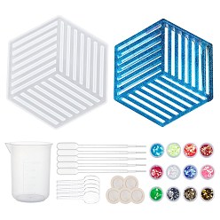Mixed Color Hollow Hexagon DIY Cup Mats Silicone Molds, Resin Casting Molds, For UV Resin, Epoxy Resin Craft Making, with Plastic Findings, Nail Art Sequins, Mixed Color, 139x158x12.5mm