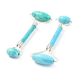 Natural Turquoise Natural Turquoise Brass Face Massager, Facial Rollers, Platinum, 142~150x54~58x19~22mm