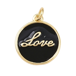 Черный Латунь эмаль подвески, с целью перехода в кольце, плоские круглые со словесными любовными чарами, без свинца и без кадмия, долговечный, реальный 18 k позолоченный, стойки покрытие, чёрные, 16.5x14x1.5 мм, отверстие : 2.5 мм