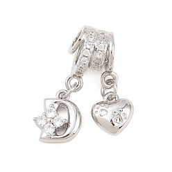 Letter D Латунные микропаве прозрачные подвески с фианитом, сердце прелести, долговечный, стойки покрытие, без кадмия и без свинца, платина, Буква D, 24 мм, отверстия : 3 mm и 4 мм, Сердце: 8.5x8x3.5 mm, Письмо: 10x8.5x3.5 мм