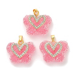 Deep Pink Butterfly with Heart Shape Resin & Rhinestone Pendant, with Rack Plating Golden Brass Findings, Long-Lasting Plated, Deep Pink, 21x24x10mm, Hole: 6x3mm