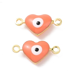 Coral Brass Enamel Connector Charms, Real 18K Gold Plated, Heart with Evil Eye Pattern, Coral, 7x14x3.5mm, Hole: 1.2mm