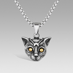 Cat Shape Vintage 304 Stainless Steel Animals Pendant Necklaces for Men, Antique Silver & Golden, Cat Shape, 23.62 inch(60cm), pendant: 24x25mm