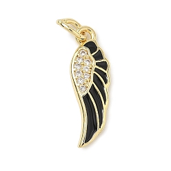 Черный Латунные микро проложить кубического циркония подвески, с эмалью, долговечный, стойки покрытие, без свинца и без кадмия, крылатые прелести, реальный 18 k позолоченный, чёрные, 18.5x6x3 мм, отверстие : 3 мм