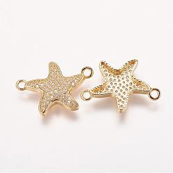 Golden Brass Micro Pave Cubic Zirconia Links, Starfish/Sea Stars, Golden, 16.5x23x2.5mm, Hole: 1.5mm