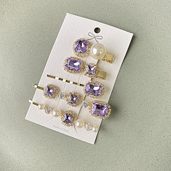 purple Vintage Crystal Glass Hair Clips Set of 5 for Women - Blue Floral Design