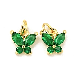 Green Rack Plating Brass Inlaid Cubic Zirconia Charms, with Jump Rings, Cadmium Free & Lead Free, Golden, Butterfly, Green, 10x10x3.5mm, Hole: 3.4mm