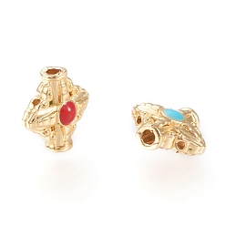 Real 18K Gold Plated Brass Beads, with Enamel, Cross, Red & Turquoise, Real 18K Gold Plated, 10x10x4.8mm, Hole: 1mm
