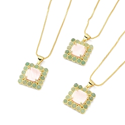 Green Aventurine Natural Green Aventurine & Shell Rectangle Pendant Necklace, Real 18K Gold Plated Brass Jewelry, 17.48~17.68 inch(44.4~44.9cm)