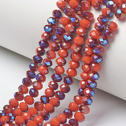 Orange Red Electroplate Opaque Solid Color Glass Beads Strands, Half Plated, Blue Plated, Faceted, Rondelle, Orange Red, 4x3mm, Hole: 0.4mm, about 123~127pcs/strand, 16.5~16.9 inch(42~43cm)