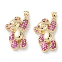 Medium Violet Red Brass Micro Pave Cubic Zirconia Pendants, Real 16K Gold Plated, Bear Charms, Medium Violet Red, 26.5x18x7mm, Hole: 5x3mm.