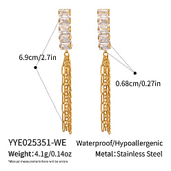 Прозрачный 304 серьги-гвоздики с прямоугольными кисточками из нержавеющей стали, с кубического циркония, реальный 18 k позолоченный, прозрачные, 69x6.8 мм