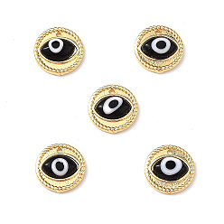 Black Handmade Lampwork Evil Eye Pendants, with Real 18K Gold Plated Brass Findings, Lead Free & Cadmium free, Flat Round Charm, Black, 14.5x4mm, Hole: 1mm