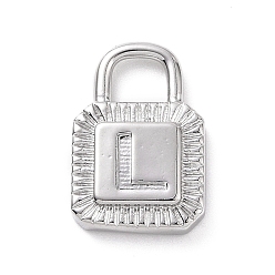 Letter L Eco-friendly Rack Plating Brass Pendants, Cadmium Free & Lead Free, Long-Lasting Plated, Lock with Alphabet, Platinum, Letter.L, 15x10x3mm, Hole: 3.5x4mm