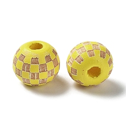 Yellow Wood Laser Engraved Tartan Beads, Round, Dyed, for DIY Craft, Yellow, 9.5~10x8.5mm, Hole: 3mm