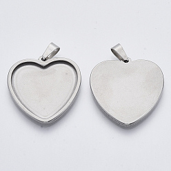 Stainless Steel Color 201 Stainless Steel Pendant Cabochon Settings, Plain Edge Bezel Cups, Heart, Stainless Steel Color, Tray: 23.5x25.5mm, 30x29x2.2mm, Hole: 3x6mm