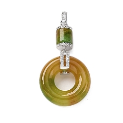 Желто-Зеленый Подвески-пончики в форме колонны из натурального бирманского нефрита, латунные прозрачные кубические циркониевые драгоценные камни подвески, платина, желто-зеленый, 46.5 мм, подвески: 41x23x10 мм, отверстие : 5x3.5 мм