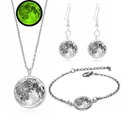Silver Alloy & Glass Moon Effect Luminous Jewerly Sets, Including Bracelets, Earring and Necklaces, Silver
