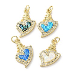 Mixed Color Valentine's Day Brass Micro Pave Clear Cubic Zirconia Pendants, with Synthetic Opal, Real 18K Gold Plated, Heart Charms, Mixed Color, 21x13x3mm, Hole: 3.5mm