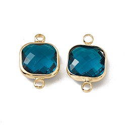 Bermuda Blue Transparent K9 Glass Connector Charms, with Light Gold Plated Brass Findings, Faceted, Square Links, Bermuda Blue, 16.5x10.5x5.5mm