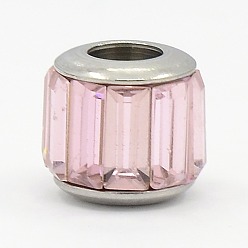 Pink Glass European Beads, Large Hole Drum Beads, with 304 Stainless Steel Core, Faceted, Pink, 11x10mm, Hole: 5mm