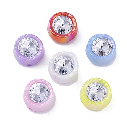 Mixed Color UV Plating Iridescent Acrylic with Rhinestone Beads, Flat Round, Mixed Color, 20.5x20.5x12.5mm, Hole: 2.5mm