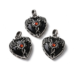Obsidian Natural Obsidian Pendants, Heart Charms, with Rack Plating Antique Silver Tone Hyacinth Rhinestone Dragon Wing Findings, 36.5~37.5x32~32.5x9.5~10.5mm, Hole: 8.5x5.5mm