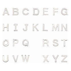 Stainless Steel Color 304 Stainless Steel Alphabet Charms, Letter A~Z, Stainless Steel Color, 11~12x5.5~11x0.5~0.8mm, Hole: 1mm, 26pcs/set