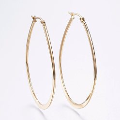 Golden 304 Stainless Steel Hoop Earrings, Flat Oval, Golden, 59~61x1~2mm, Pin: 0.7x1mm