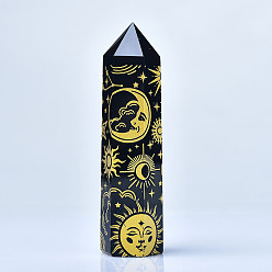 Yellow Sun & Moon Pattern Natural Obsidian Display Decoration, Healing Stone Wands, for Reiki Chakra Meditation Therapy Decos, Bullet/Hexagonal Prism, Yellow, 70~80mm