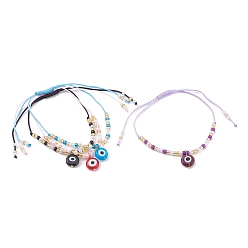 Mixed Color Adjustable Nylon Thread Braided Bead Bracelets, Evil Eye Lampwork Charm Bracelets, with Round Glass Seed Beads, Mixed Color, Inner Diameter: 1-1/8~3-3/4 inch(2.7~9.5cm)