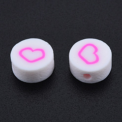 Hot Pink Handmade Polymer Clay Beads, Flat Round with Heart, Hot Pink, 9~9.5x4~5mm, Hole: 1.6mm