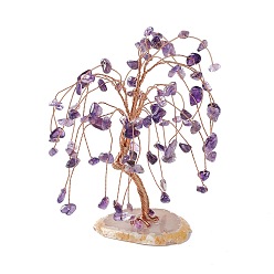 Amethyst Natural Amethyst Chips and Natural Agate Pedestal Display Decorations, with Rose Gold Plated Brass Wires, Lucky Tree, 54~72x89~112x107~112mm