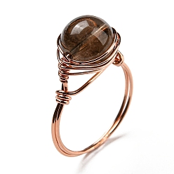 Smoky Quartz Natural Smoky Quartz Round Finger Ring, Rack Plating Rose Gold Brass Wire Wrap Ring, Inner Diameter: 20mm