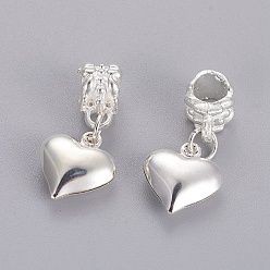 Silver Alloy European Dangle Charms, Large Hole Heart Beads, Silver Color Plated, 25.5mm, Hole: 5mm