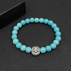 Lion Bracelets extensibles turquoise synthétique pour femmes et hommes, avec des perles en alliage d'animaux de style tibétain, lion, pas de taille