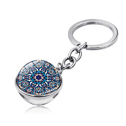Colorful Mandala Flower Keychain, Double Side Cabochon Glass Ball Keychain, for Men Women Gift, Colorful, 7.8cm