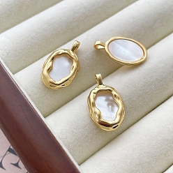 Real 18K Gold Plated Natural White Shell Pendants, Oval Charms with Brass Findings, Real 18K Gold Plated, 20x12mm