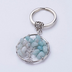 Amazonite Natural Amazonite Keychain, with Iron Key Rings and Brass Finding, Flat Round with Tree of Life, 65~67mm, 36x29x5~8mm