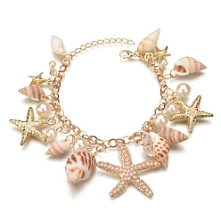 Golden Spiral Shell & Starfish Charms Bracelets, Bohemia Style Iron Chain Bracelet for Women, Golden, 7-7/8 inch(20cm)
