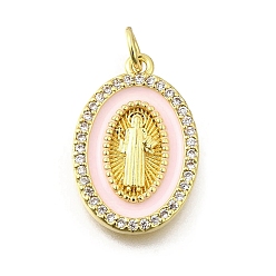 Розовый Латунные микро проложить кубического циркония подвески, с эмалью, овал с амулетами святого Бенедикта, стойки покрытие, прочное покрытие, без кадмия и без свинца, с целью перехода в кольце, туманная роза, 20x14x2 мм, отверстие : 3 мм