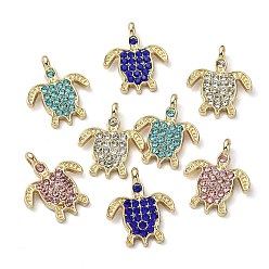 Mixed Color Golden Rack Plating Alloy Rhinestone Pendants, Nickel Free, Sea Turtle Charm, Mixed Color, 18x15x1.5mm, Hole: 1.2mm
