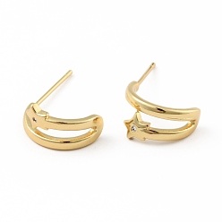Real 18K Gold Plated Brass Moon with Star Stud Earrings for Women, Real 18K Gold Plated, 14x7x7mm, Pin: 0.6mm