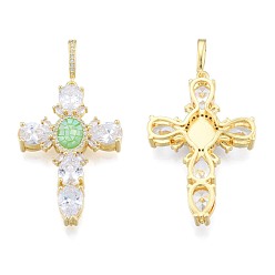 Light Green Brass Micro Pave Clear Cubic Zirconia Pendants, with Abalone Shell/Paua Shell, Nickel Free, Real 18K Gold Plated, Cross, Light Green, 45.5x30x6.5mm, Hole: 4x7mm